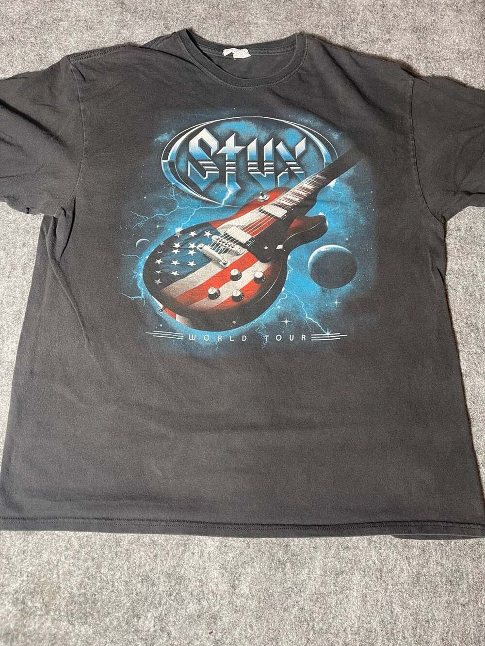 Vintage Styx World Tour Graphic T-Shirt XL Black Guitar American Flag